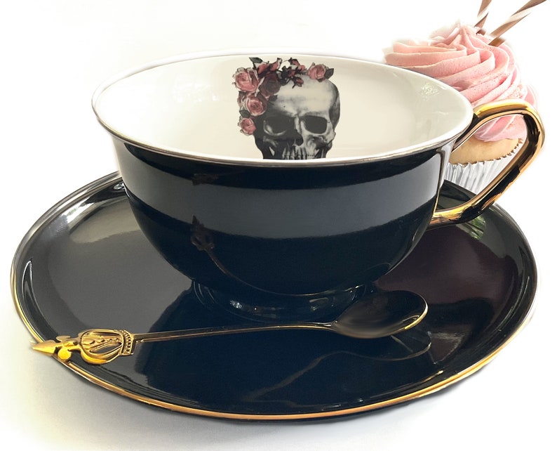 SMALL IMPERFECTIONS Rose Skull Tea Cup /Coffee Cup and Saucer Set, 14 Ounces. Gold and Black, Porcelain. image 1