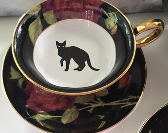 FREE SHIPPING - Beautiful Black Cat Teacup, 8 Ounces, Porcelain, Black Rose Design. Food- and Dishwasher Safe.