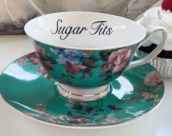 Customizable - Lovely Floral Teacup and Saucer Set, Porcelain, 8 Ounces. Food Safe and Durable.