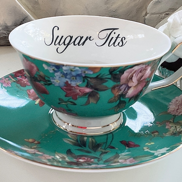 Customizable - Lovely Floral Teacup and Saucer Set, Porcelain, 8 Ounces. Food Safe and Durable.