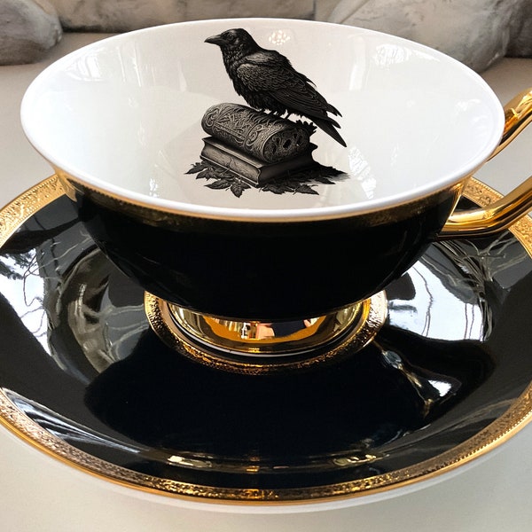 Black and Gold Porcelain Raven Teacup and Saucer Set (8 oz), Porcelain. Food Safe and Durable