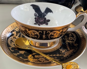 Black and Gold Porcelain Bat, Cat, Moth or Crow Teacup and Saucer Set (7 oz)