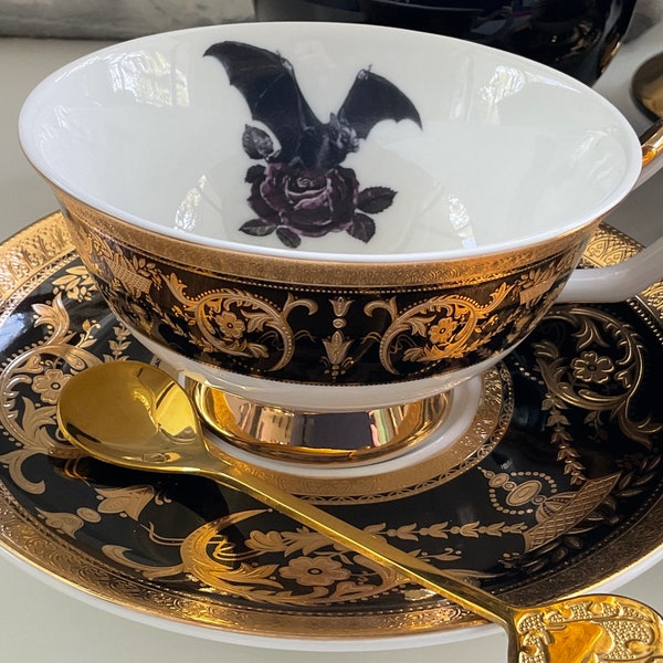 Black and Gold Porcelain Bat, Cat, Moth or Crow Teacup and Saucer Set (7 oz)