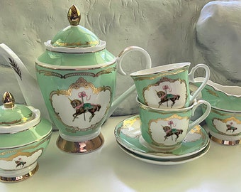 Green or Pink & Gold Unicorn Tea Set, Vegan Bone China. Food Safe and Durable.