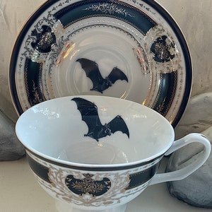 Beautiful Black Bat Teacup and Saucer Set, 8 Ounces, Food Safe and ...