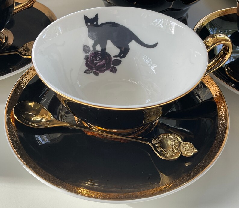 Black and Gold Tea Set With Purple Rose Design Bat Etsy