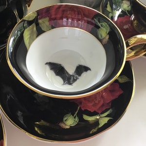 Gorgeous Black and Gold Tea Set with Black Rose Design, Bat, Cat, Crow and Eye Design, Halloween Tea Set, Porcelain. Food Safe & Durable. image 4