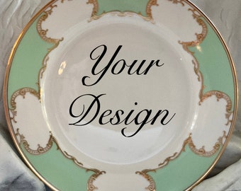 Custom Dinner or Salad/Dessert Plate in Green, Pink, or Blue. Made of Vegan Bone China. Food- and Dishwasher Safe.