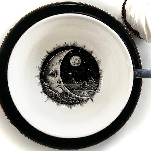 NEW JUMBO SIZE! Moon and/or Sun Tea Cup /Coffee Cup and Saucer Set, 14 Ounces. Gold and Black, Porcelain.