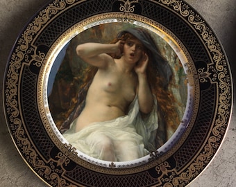 FREE SHIPPING-Alexandre Cabanel, “Echo.&quot; Raised Gold Black/Gold Dinner Plate, 10.5”