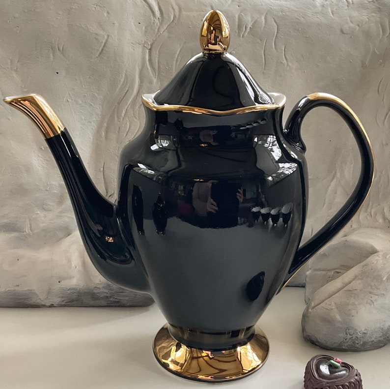 Gorgeous Black and Gold Tea Set with Black Rose Design, Bat, Cat, Crow and Eye Design, Halloween Tea Set, Porcelain. Food Safe & Durable. image 6