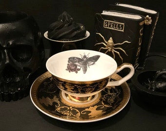 Black and Gold Porcelain Bat, Cat, Moth or Crow Teacup and Saucer Set (8 oz) Food Safe and Durable