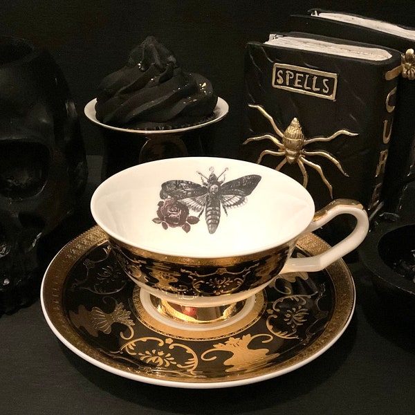 Black and Gold Porcelain Bat, Cat, Moth or Crow Teacup and Saucer Set (7 oz). Food Safe and Durable