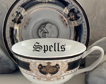 FREE SHIPPING-Beautiful 22k Gold and Black "Spells under the Moon" Teacup and Saucer (8 Ounces) or Plate. Food Safe and Durable. Porcelain.