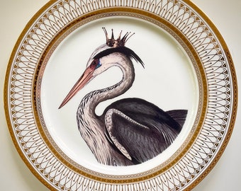 FREE SHIPPING-Beautiful Gold Porcelain Egret Bird Plate or Cup and Saucer Set (8 Ounces). Food Safe and Durable.