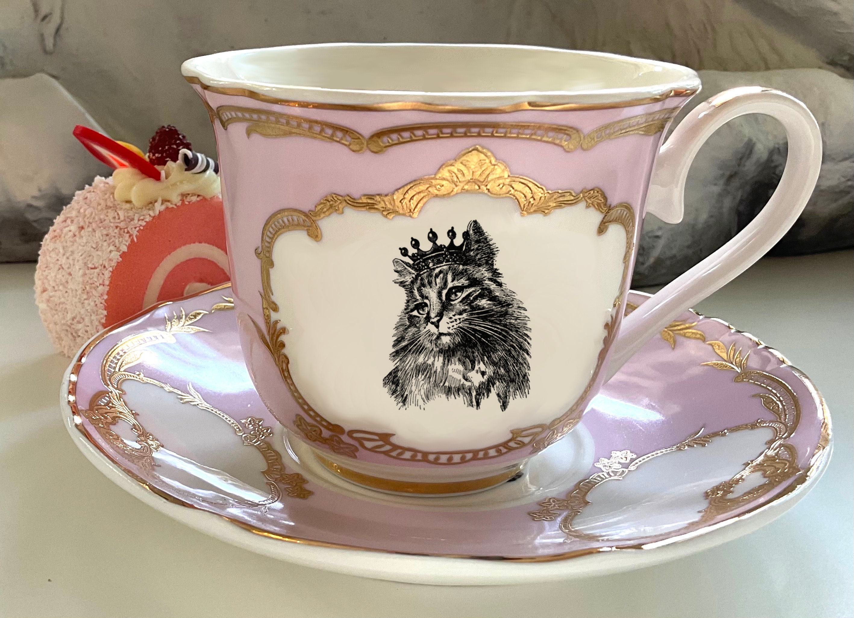 FREE Shippinggreen Blue or Pink & Gold Cat Teacup and Saucer Etsy