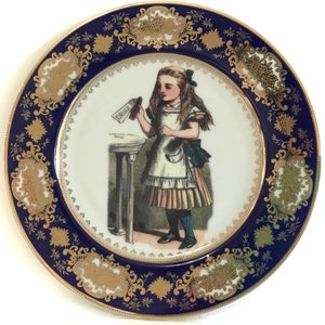 FREE SHIPPING-Blue and Gold Alice in Wonderland Plate With John Tenniel Illustrations, White Accents, Durable and Food Safe Porcelain