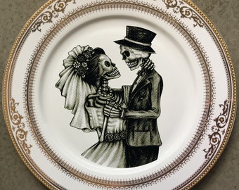 2 AVAILABLE - Lovely Skeleton Couple Wedding Plate, 10.5", Porcelain, Foodsafe and Durable
