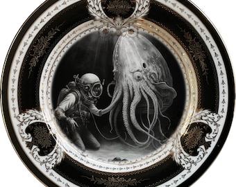 Plato o taza con platillo con diseño de pulpo y buzo de aguas profundas. Apto para alimentos, resistente.