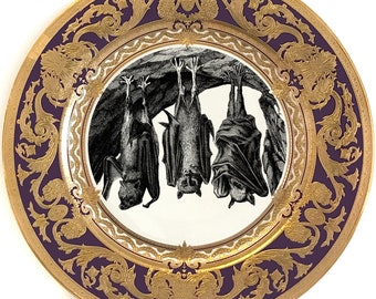 Purple and Gold Bat Plate (10.5" or 7.5") or Teacup/Saucer Set (8 oz), Durable and Foodsafe