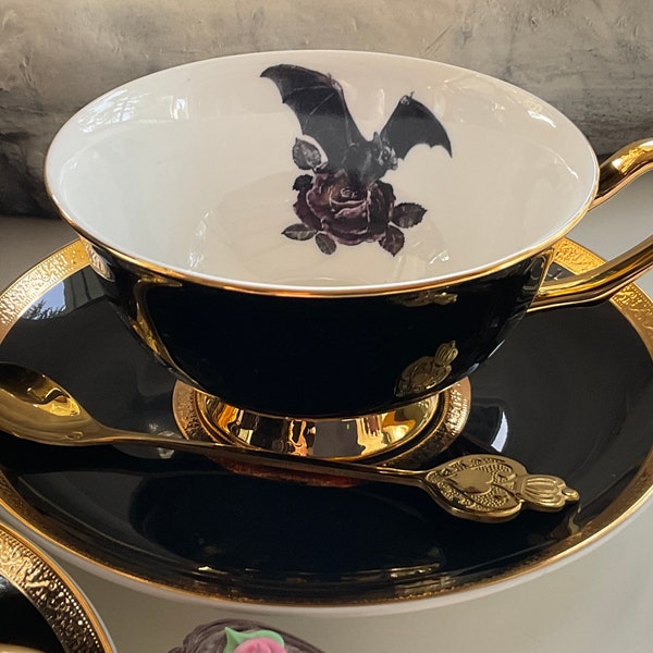 Black and Gold Porcelain Bat, Raven, Cat, or Moth on Purple Rose Teacup and Saucer Set (8 oz), Porcelain. Food Safe and Durable