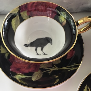 Gorgeous Black and Gold Tea Set with Black Rose Design, Bat, Cat, Crow and Eye Design, Halloween Tea Set, Porcelain. Food Safe & Durable. image 3
