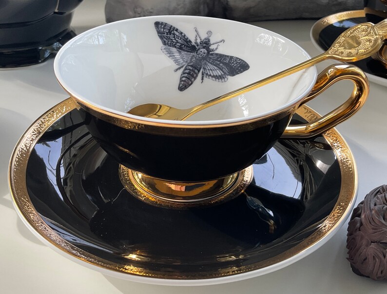 Gorgeous Black and Gold Tea Set, Bat, Cat, Crow and Moth Design ...