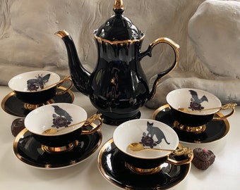 NEW - Extra Large Black Teapot and 4 Cup & Saucer Sets. Purple Rose Design with Bat, Cat, Crow and Cat. Porcelain.