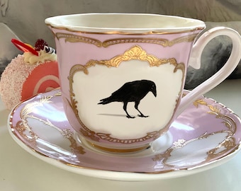 FREE SHIPPING-Pink, Green or Blue and Gold Porcelain Raven Teacup and Saucer Set, 8 Ounces. Dishwasher Safe.