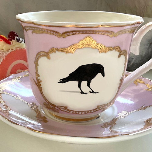 Pink, Green or Blue and Gold Porcelain Raven Teacup and Saucer Set, 8 Ounces. Food- and Dishwasher Safe.