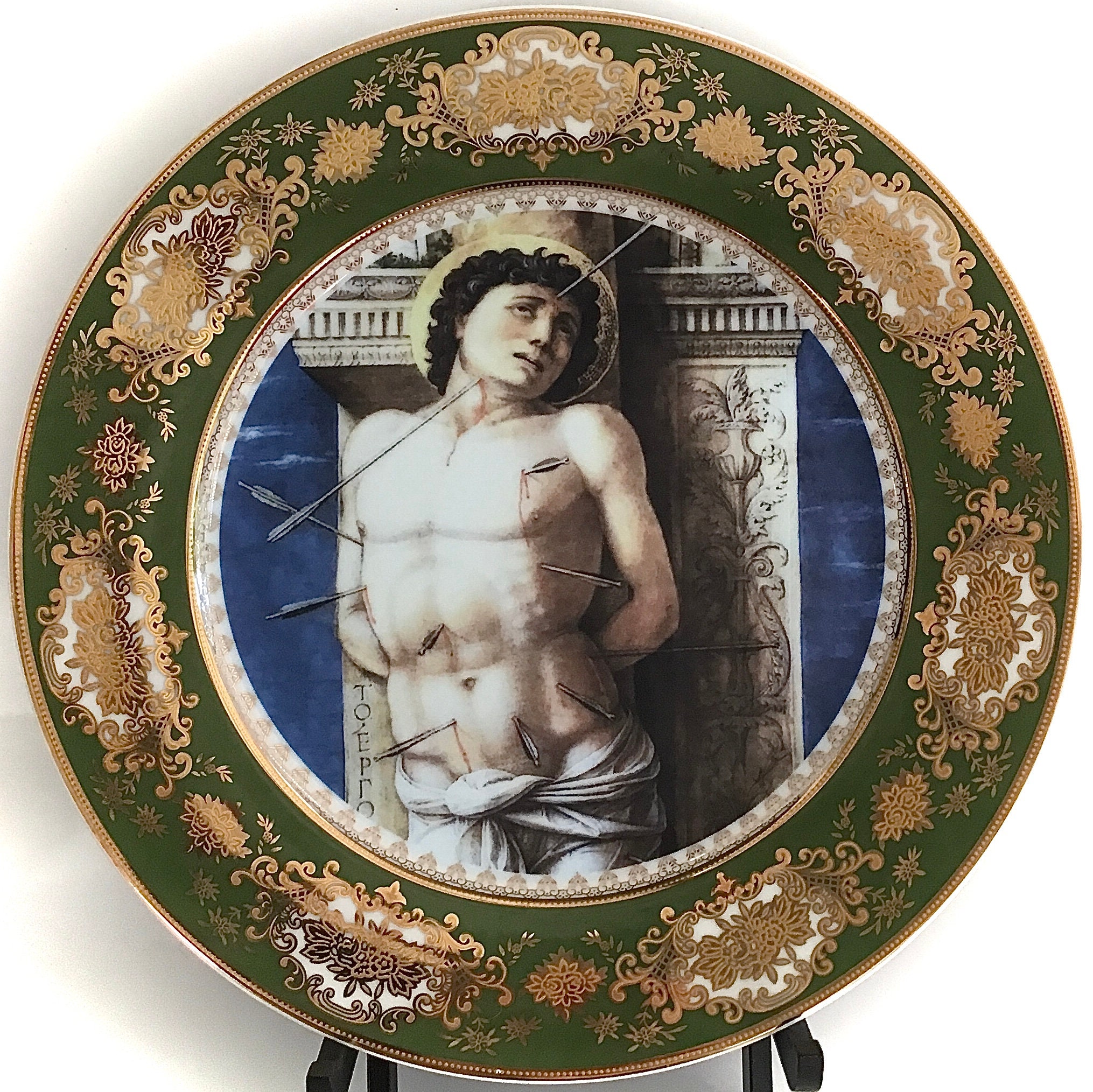 Andrea Mantegna, "St. Sebastian." Stunning Raised Green and Gold Art Plate, Porcelain