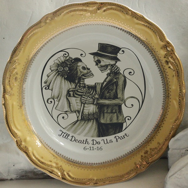 Skeleton Wedding Couple Bride & Groom Plate, Skeleton Wedding Plate, Skull Plate, Skeleton Dish, Goth Wedding