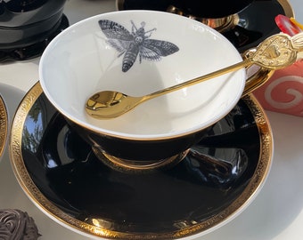 Black and Gold Porcelain Raven/Crow, Bat, Cat, or Moth Teacup and Saucer Set (8 oz), Porcelain. Food Safe and Durable