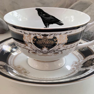 Beautiful Black Crow Teacup and Saucer Set, 8 Ounces, Food Safe and Durable, Porcelain. image 1