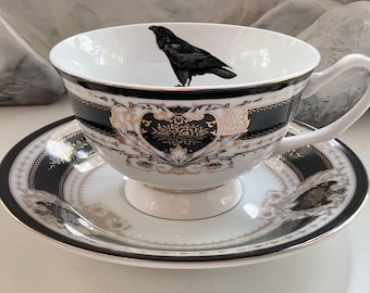 Beautiful Black Crow Teacup and Saucer Set, 8 Ounces, Food Safe and Durable, Porcelain.