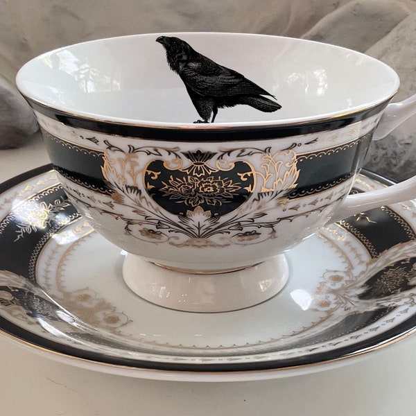 Beautiful Black Crow Teacup and Saucer Set, 8 Ounces, Food Safe and Durable, Porcelain.