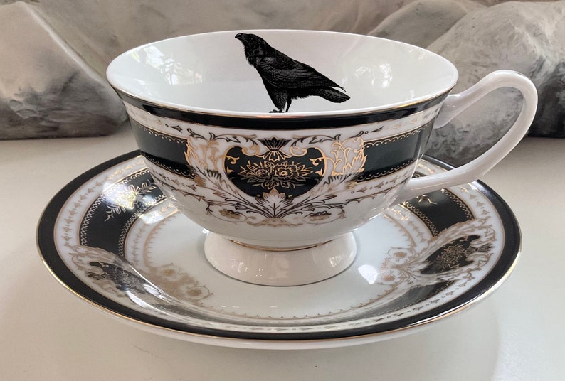 Beautiful Black Crow Teacup and Saucer Set, 8 Ounces, Food Safe and Durable, Porcelain. image 1