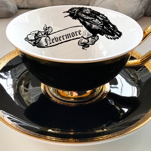 Black Crow/Raven "Nevermore" Teacup and Saucer Set with Spoon, 8 oz, Porcelain, Food Safe and Durable.