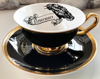 Black Raven "Nevermore" Porcelain Teacup and Saucer Set, 8 oz