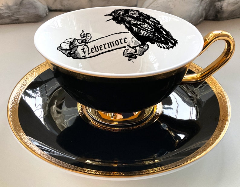 Black Crow/Raven Nevermore Teacup and Saucer Set with Spoon, 8 oz, Porcelain, Food Safe and Durable. image 1