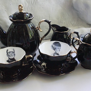 SELECTED SECONDS Black Gold Spooky Frankenstein Tea Set, Porcelain. Durable, Food Safe