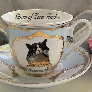 Cat Teacup and Saucer Set with Your Cat's Face! Holds 8 ounces. Green, Blue or Pink, Vegan Bone China.