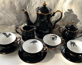 LARGER TEAPOT - Black & Gold Halloween Tea Set in our Signature Spooky Design. Porcelain, Food Safe, Durable.