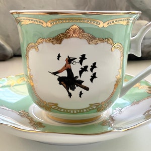 Pink, Blue or Green & Gold Witch Teacup / Halloween Teacup, 8 Ounces, Food- and Dishwasher Safe