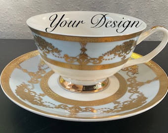 YOUR DESIGN - Baby Blue and Gold Custom Teacup, 8 Ounces. Foodsafe and Extremely Durable.