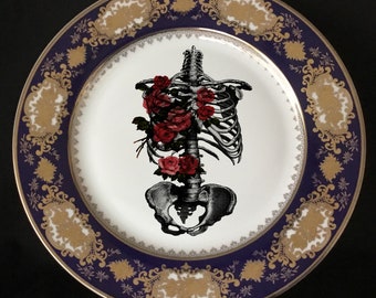 FREE SHIPPING-Raised Blue & Gold Floral Rib Cage Plate or Cup and Saucer Set, Porcelain. Food Safe, Dishwasher Safe.