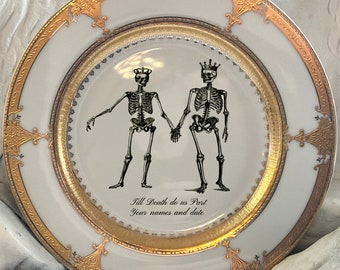 Beautiful Skeleton Wedding Couple Plate or Cup and Saucer Set in Gold or Silver, Porcelain. Food Safe and Durable, Dishwasher Safe