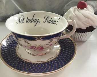 Teacup/Saucer Set, "Not Today, Satan" Offensive Teacup, Mean Teacup, Funny Teacup, Rude Teacup, Vulgar Teacup.