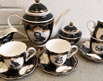 Edgar Allan Poe Tea Set, 4 cups & Tea Trio, Vegan Bone China