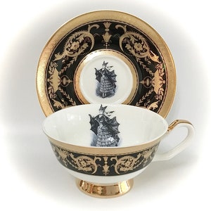 Black Bat Lady Teacup and Saucer Set, 7 Ounces, Raised Gold, Food Safe.